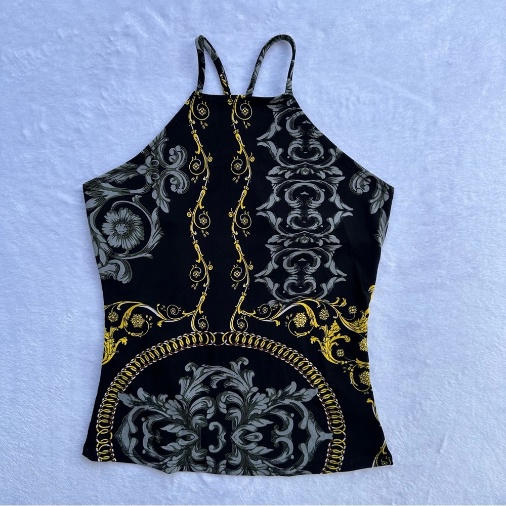 Fashion Nova Georgina Backless Sleeveless Print Top Black/Gold - Size Small